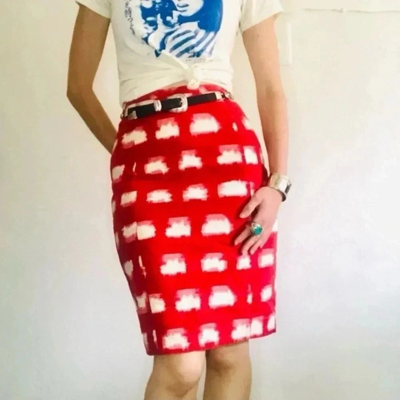 Anthropologie Corey Lynn Calter Ackee Red Motif Linen Blend Pencil Skirt Size 2 - Picture 1 of 6
